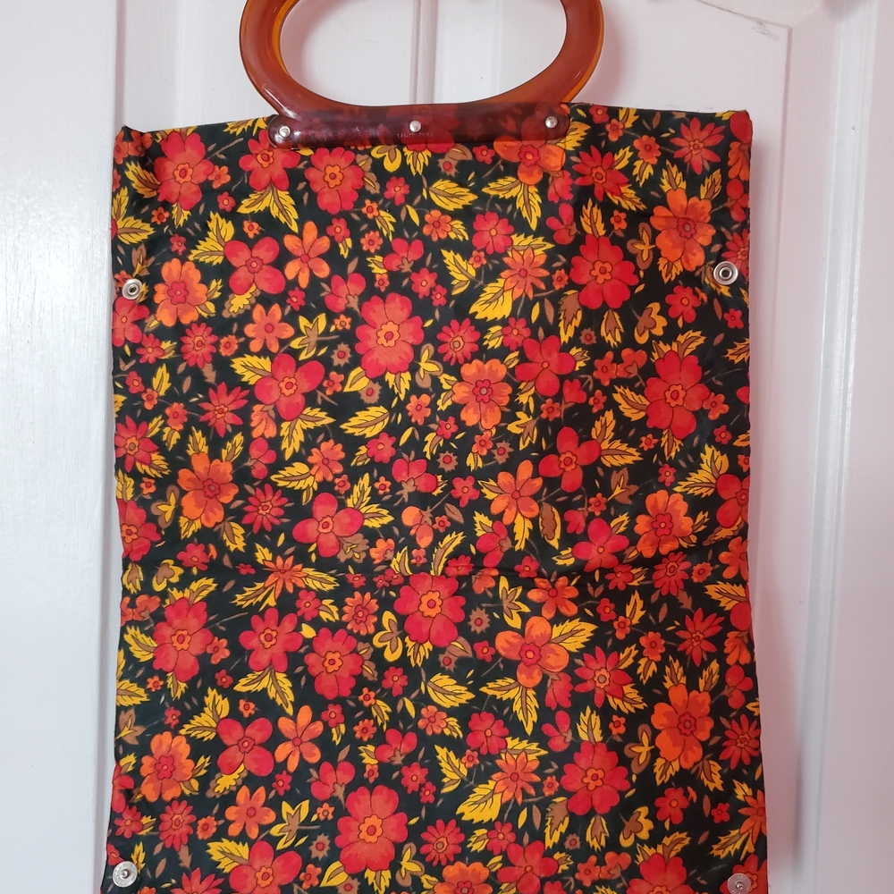 1960s,Mod Vintage Floral Tote Bag with Lucite Handle